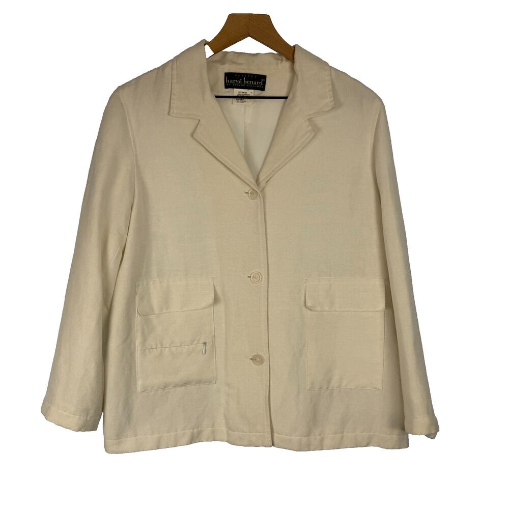 Vintage Harve' Benard Linen Blend Jacket Blazer Womens Cream 14 Petite Utility